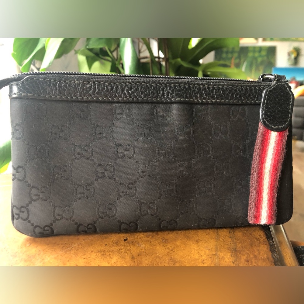 Gucci Black Canvas Wristlet with Red and Cream Stripe